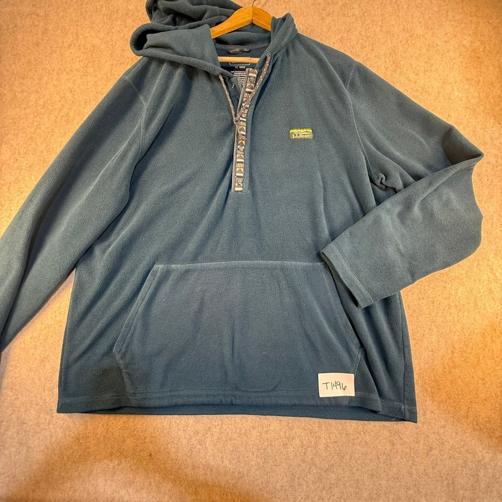 LL Bean Mens Mountain Classic Fleece Hoodie XL Blue Quarter Snap Aztec 510637